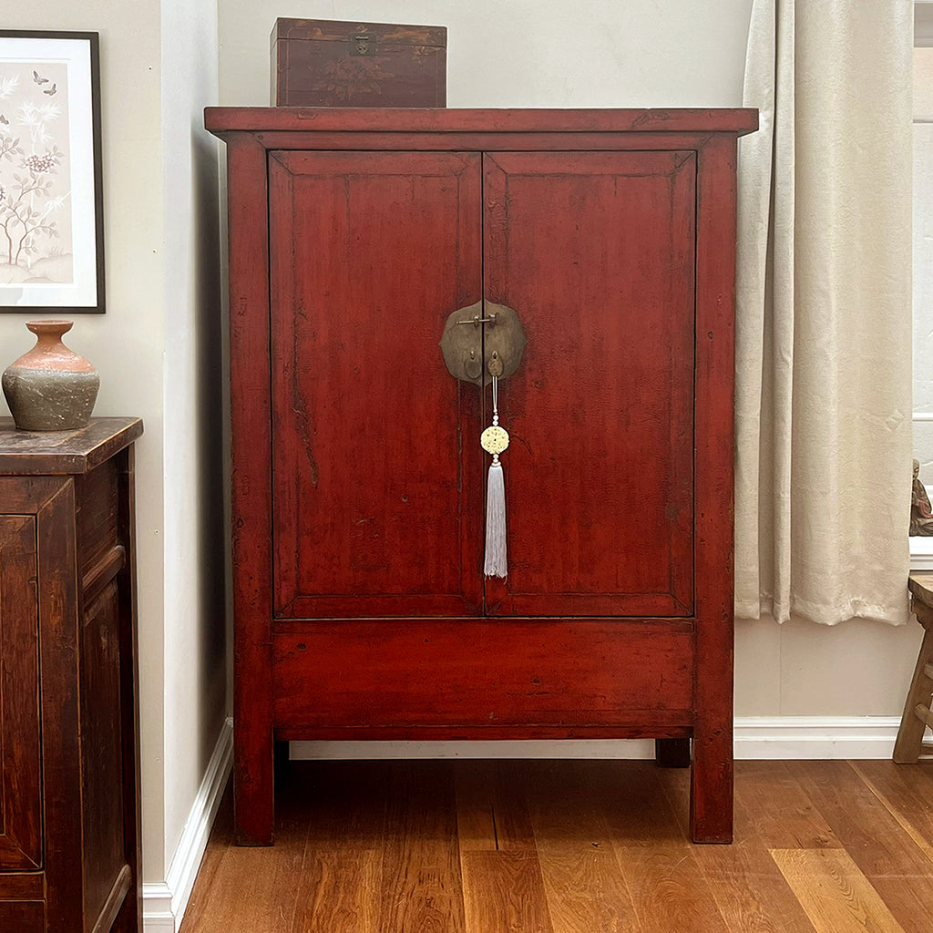 Red Lacquer Antique Chinese Wedding Cabinet