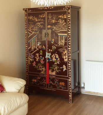 Red lacquer painted Chinese cabinet