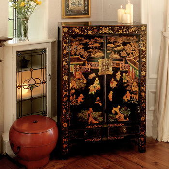 Shanxi Painted Cabinet in Black Lacquer