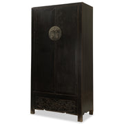 Large Chinese Antique Black Elm Cabinet with Carved Apron