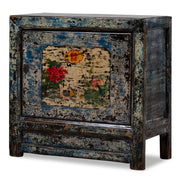 Crackled Blue Vintage Chinese Cabinet with Flowers