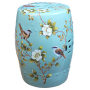 Pale Blue Ceramic Stool, Birds and Flowers