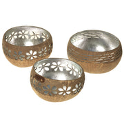 Carved Coconut Bowl T-Light Holder, Silver